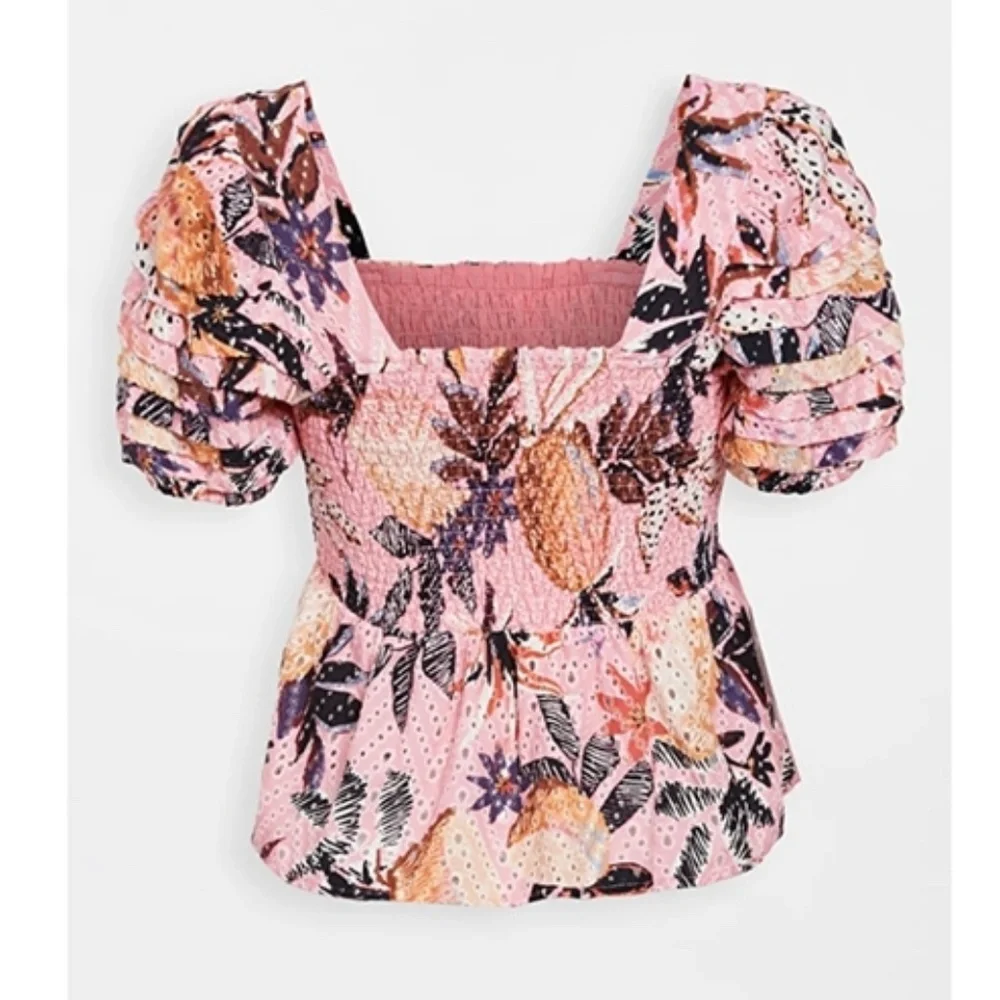 FARM Rio Pink Floral Smocked Puff-Sleeve Blouse